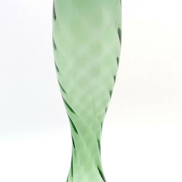 Glass Bud Vase Olive Green 10” Swirl Spiral Textured Hand Blown Vintage Beauty - Picture 3 of 7
